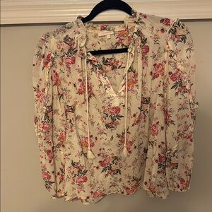 Olivaceous multicolored floral ruffled V-neck blouse